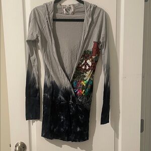 Just Me Gray and Black Hooded Cardigan with Colorful Graphic